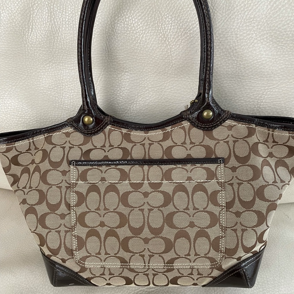 COACH Tote 17" traditional monogram, pink satin interior, patent trim, numbered!
